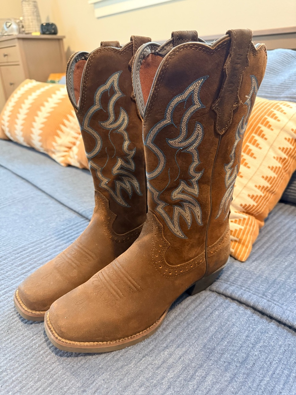 Justin Brandy Western Cowboy Boots L2730 Dark Brown Embroidered Leather Size 8.5
